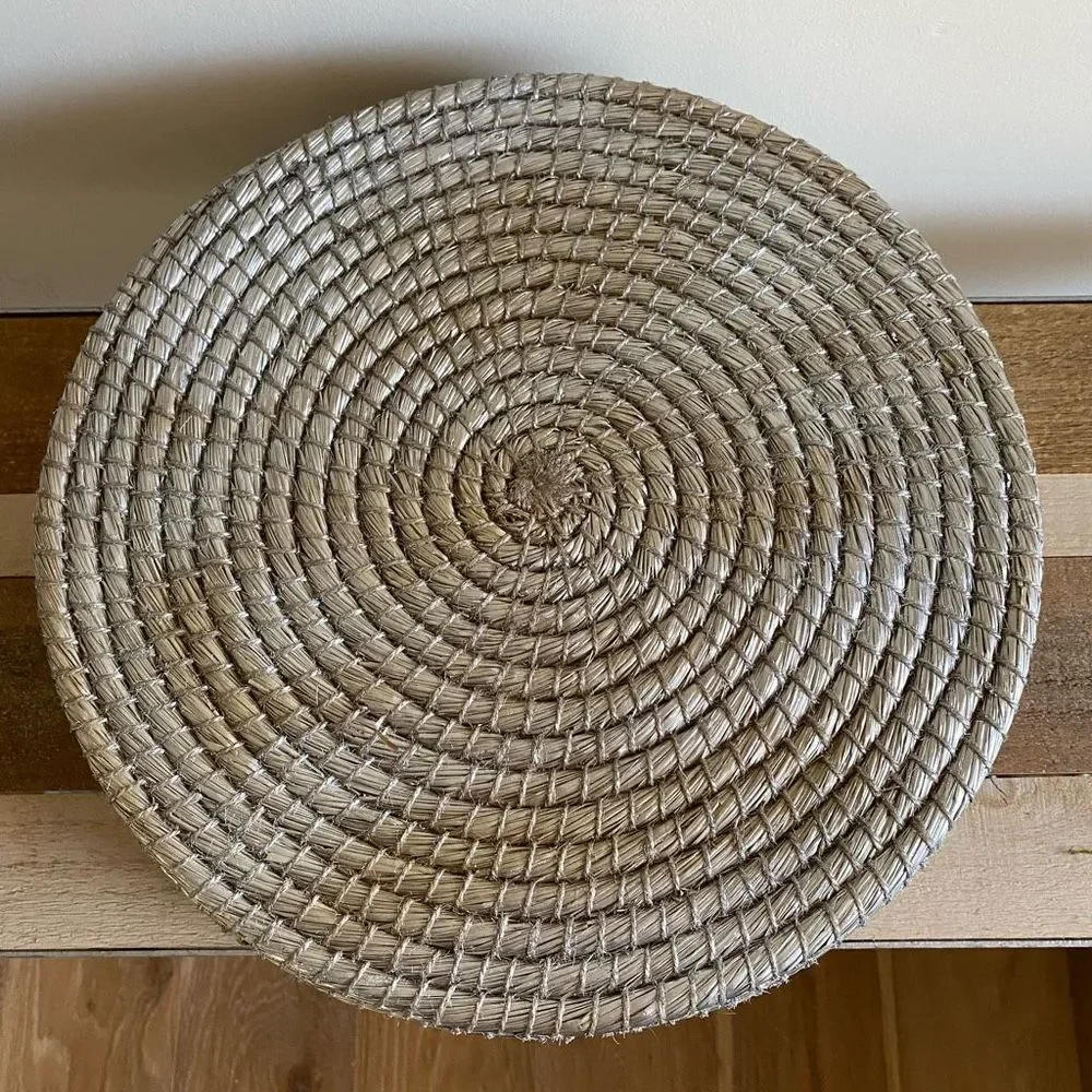 Decorative Basket Natural & Silver Round Woven Seagrass Boho Coastal Farmhouse